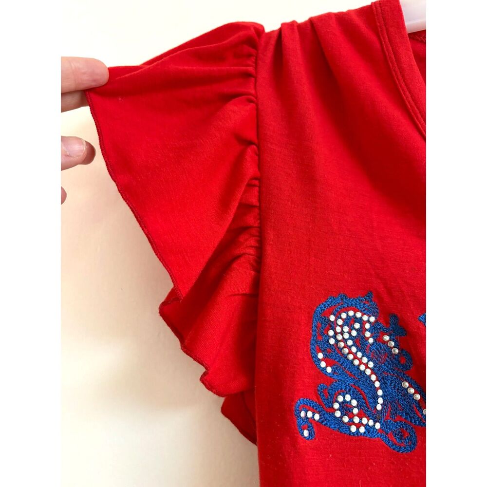 Y2K McBling Graphic Baby Tee Red Rhinestone Crown V Neck Ruffle Club Rave Lion S - Picture 3 of 9